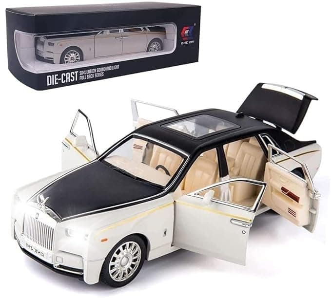 Exquisite car Model 1/24 Rolls-Royce Phantom Model Car,Zinc Alloy Pull Back Toy car with Sound and Light for Kids Boy Girl Gift. (White)