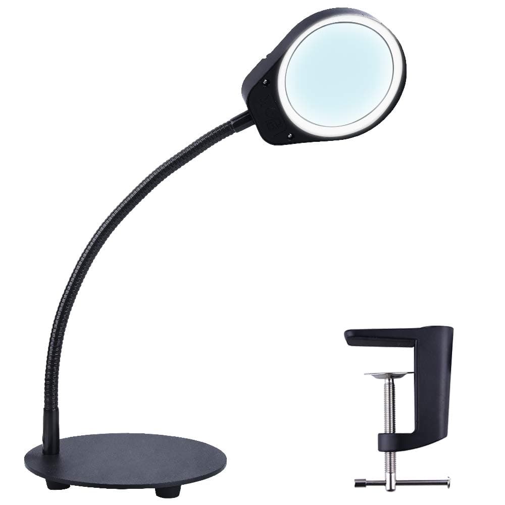 Dimmable Magnifying Glass with Light - Daylight Bright LED Magnifying Desk Lamp, Lighted Magnifier with Stand & Clamp - for Reading, Close Work, Task, Workbench, Crafts, Hobbies, Sewing - Black