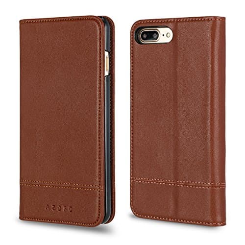 AZOFO iPhone 8 Plus Case, iPhone 7 Plus Case, Genuine Leather Wallet Case, Flip Cover Folio Book Style Card Holder Slots, Kickstand, Magnetic Clousure Compatible iPhone 8 Plus/iPhone 7 Plus, Brown