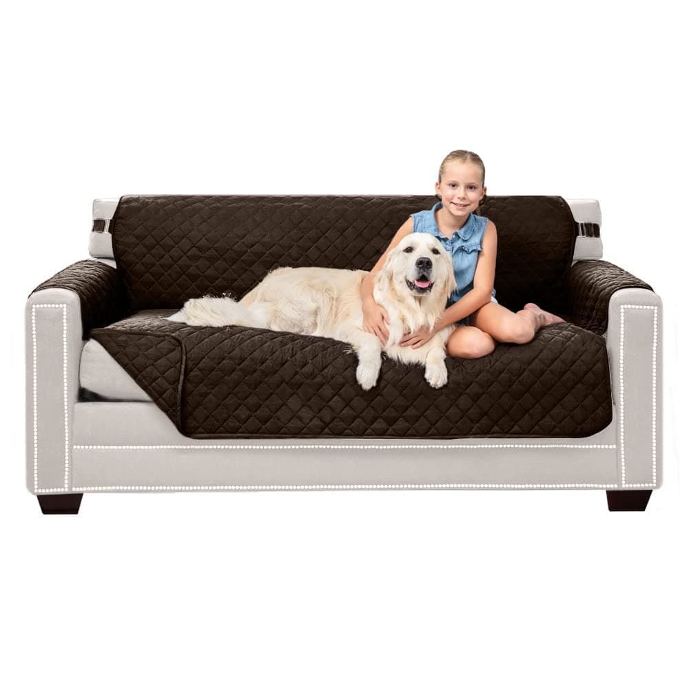 Sofa Shield Couch Slip Cover with Patented Strap, Large Cushion Protector, Reversible Stain and Dog Tear Resistant Slipcover, Quilted Microfiber 62” Seat, Washable Covers for Dogs Pets Kids, Chocolate