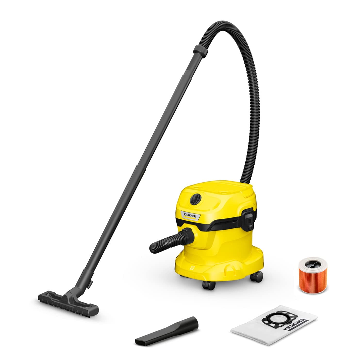 Kärcher Wet and Dry Vacuum Cleaner WD 2 Plus, blowing function, power: 1000w, incl. cartridge filter, floor and crevice nozzle, Yellow, plastic container: 12 l, suction hose: 1.8 m
