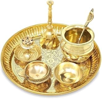 Brass Pooja Thali Set Small 6 Inch Puja Thali with Pital Plate Kalash Kuber Diya Chandan Wati Agarbatti Stand Ghanti Palli Arti Thali for Diwali Home Office Mandir Wedding Return Gift Items
