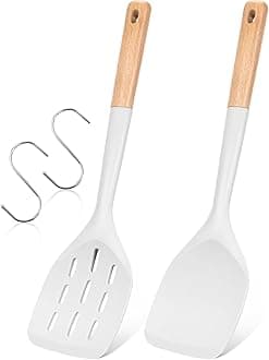 Pack of 2 Silicone Spatula, Non Stick Cooking Utensil Set Wooden Handle Kitchen Turner for Baking Mixing Grilling Serving Food Heat Resistant Non Scratch Hooks Included (White)