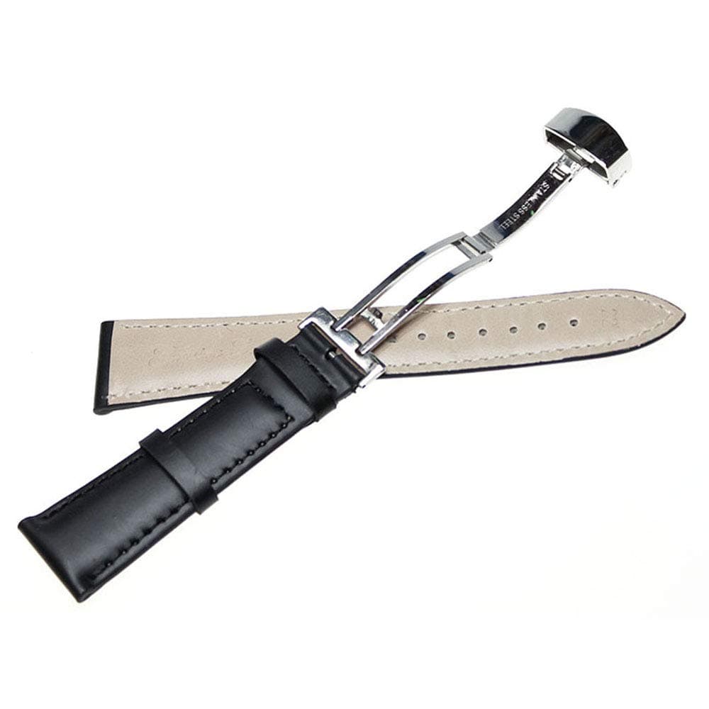 RECHERE Black Smooth Matt Leather Strap Leather Watch Band Strap Silver Butterfly Clasp