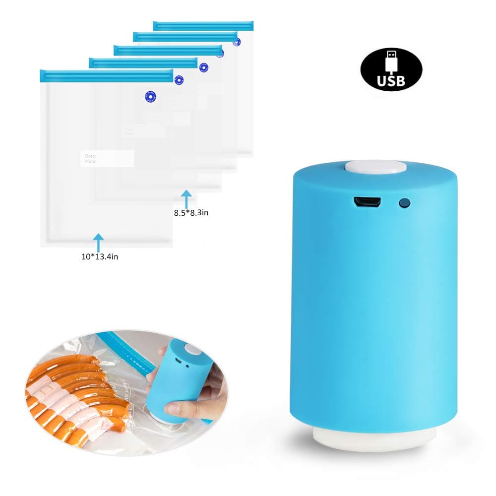 Mini Automatic Compression Vacuum Pump, USB Rechargeable Portable Electric Pump with Reusable Food Vacuum Storage Bags and Sealing Clips for Travel Kitchen Home Use (5 Packs)