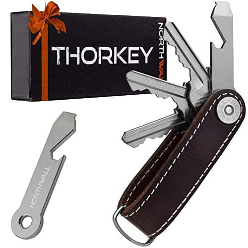 Smart Key Organizer Keychain, 100% Real Leather Compact Key Holder, Secure Locking Mechanism, Pocket Key Chain up to 10 Keys, EDC Stainless Steel Multi-Tool (Brown Stitch)