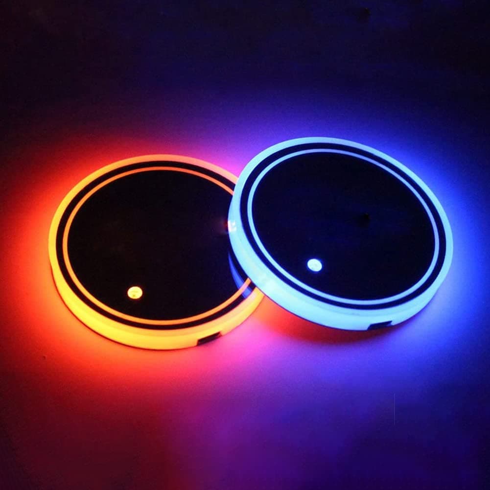 LED Car Cup Holder Lights,7 Colors Changing USB Charging Mat Waterproof Cup Pad,LED Interior Atmosphere Lamp Decoration Light Car Accessories (2pcs)
