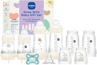MAM Grow With Baby Anti-Colic Bottle Set – 4 Easy Start Bottles (5oz & 9oz) with Trainer Handles & Spout, Comfort Newborn Pacifier, Extra Bottle Bodies & Nipples | Self-Sterilizing Baby Feeding System