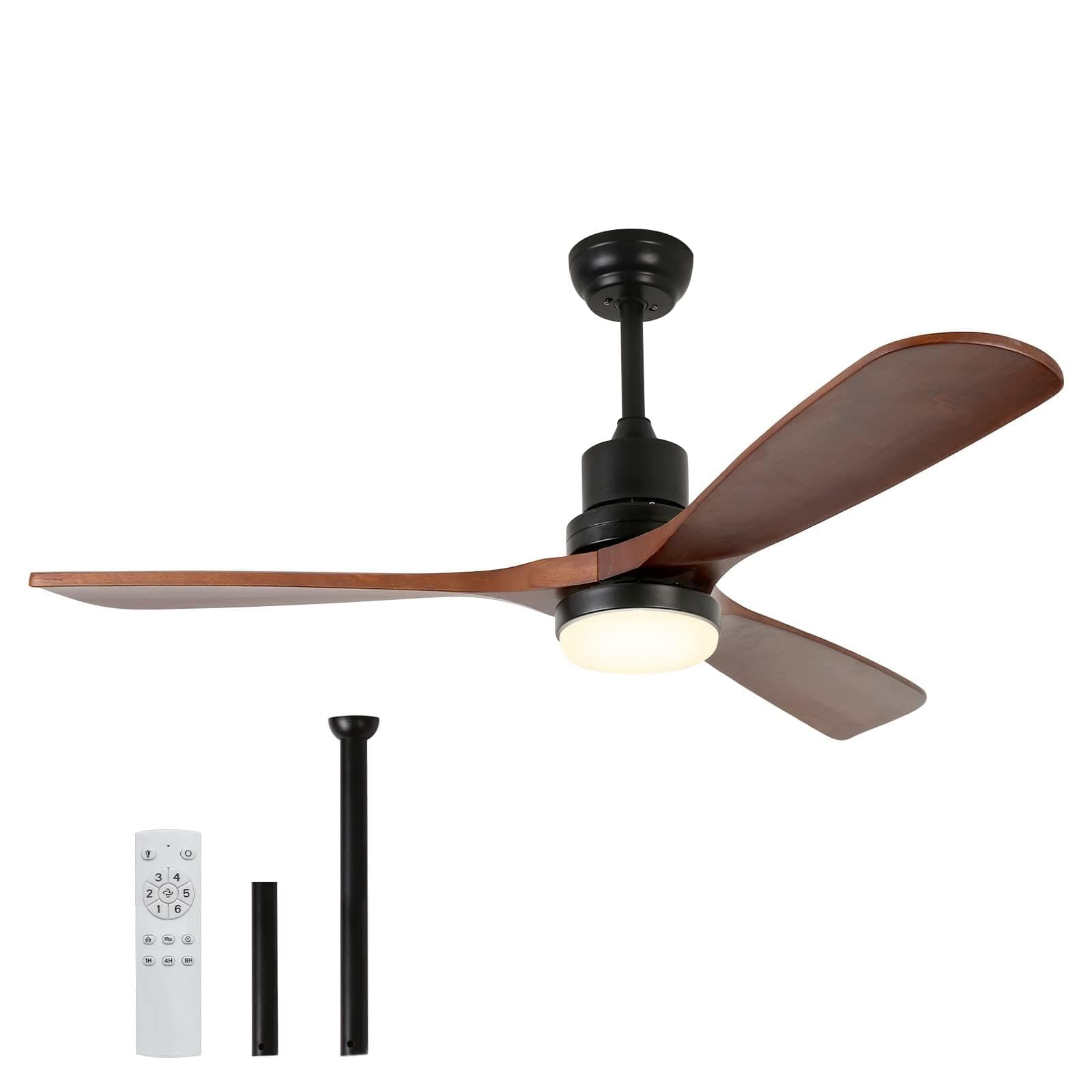 USOR 52"Ceiling Fan with Light Remote Control, DC Motor Outdoor LED Modern Smart Ceiling Fans, Wood Walnut 3 Blades, Noiseless Reversible 6-Speed Motor for Bedroom, Garage, Patios, Kitchen (Brown-52)