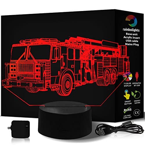 FIRE Truck Illusion Night Light 7 Color LED Does Not Get Hot A Great Gift for Boys Kids or Fireman Compliments Any Fire Set or Emergency Toy Set Comes with Mains Plug & USB Cable by rainbolights