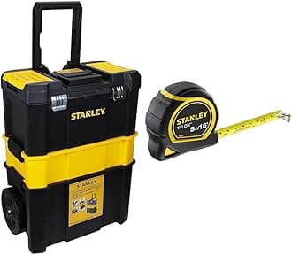 STANLEY Essential Rolling Workshop Toolbox, 3 Tier Stackable Units, STST1-80151 & TYLON Tape Measure 5M/16 Inches Compact Case with Cushioned Grip Metric and Imperial System 1-30-696