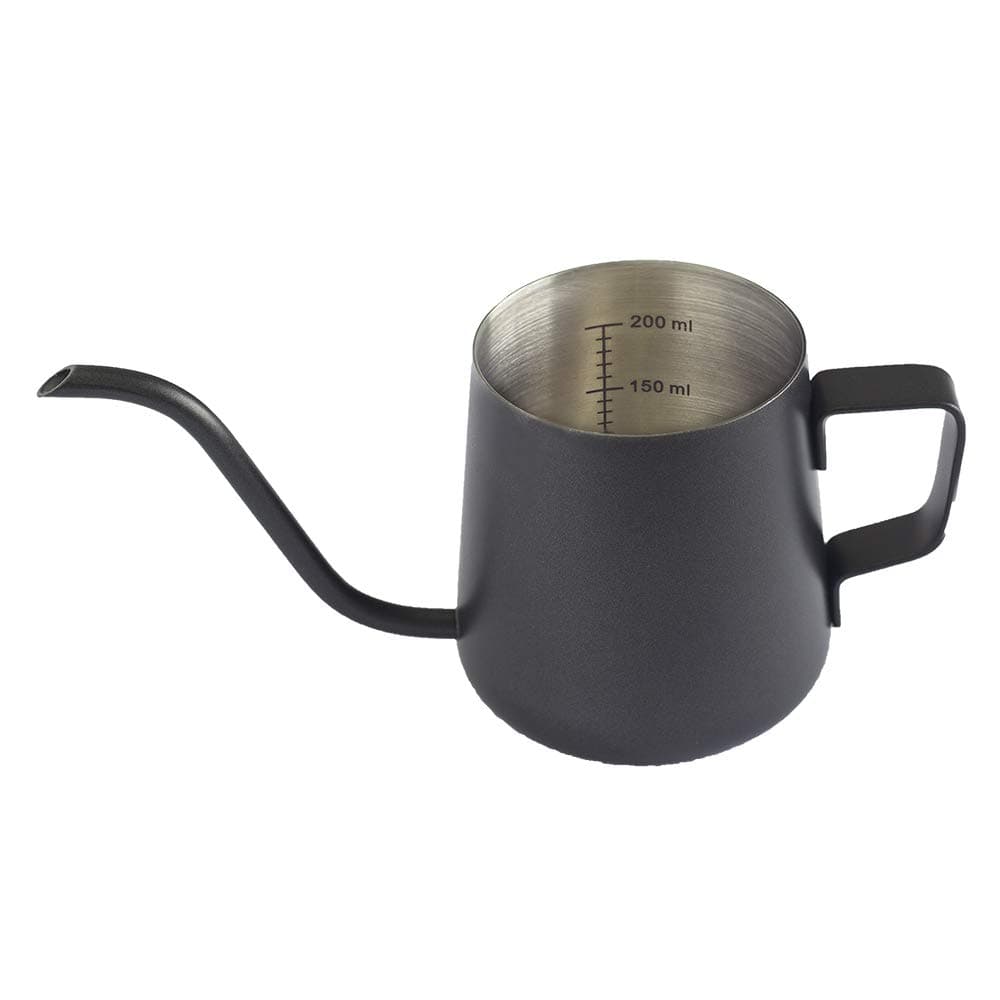 Long Spout Drip Kettle for Coffee with Built-In Measuring Scale 8fl oz, 240ml, Narrow Gooseneck Hand Pour Over Coffee Pot, Thick 304 Stainless Steel, Durable Black Teflon Coated. Thailand Import