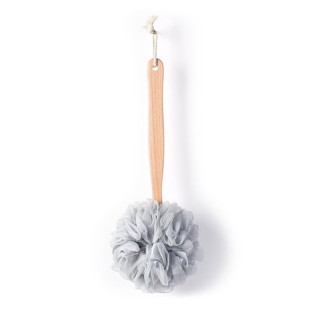 Bath Sponge & Brush Long Handled Loofah Back Scrubber Shower & Bath Exfoliating Pouf Scrubber on a Stick Body Back Brush with a Wood Handle Loofah Mesh for Men & Women By Krramel (GRAY)