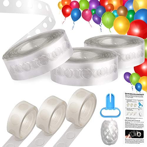 Balloon Decorating Strips, UPGRADED VERSION Balloon Arch Tape 3 rolls Total 48 FT Garland Decorating Strip + 3 Rolls Balloon Glue Dots + Balloon Tying Device + 32FT String + Easy to Follow Instruction