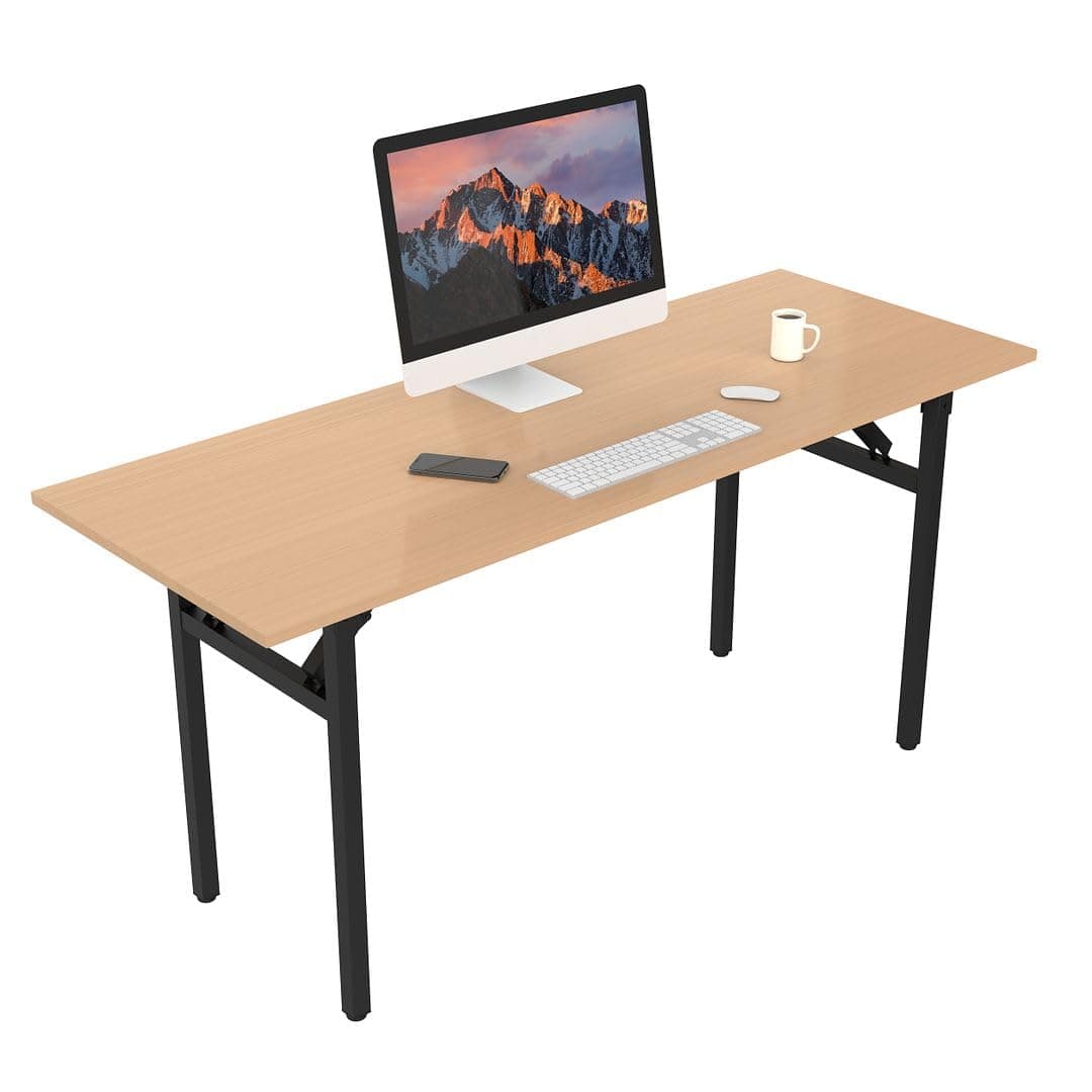 Halter Folding Desk Table, No Assembly Collapsible Computer Desk for Office, Bedroom, and Study - 63” Space-Saving Portable, Foldable Study Table, Teak Desk, Black Frame