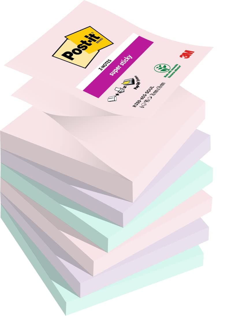 Post-it Super Sticky Z-Notes, Soulful Colour Collection, 76 mm x 76 mm, 90 Sheets/Pad, 6 Pads/Pack