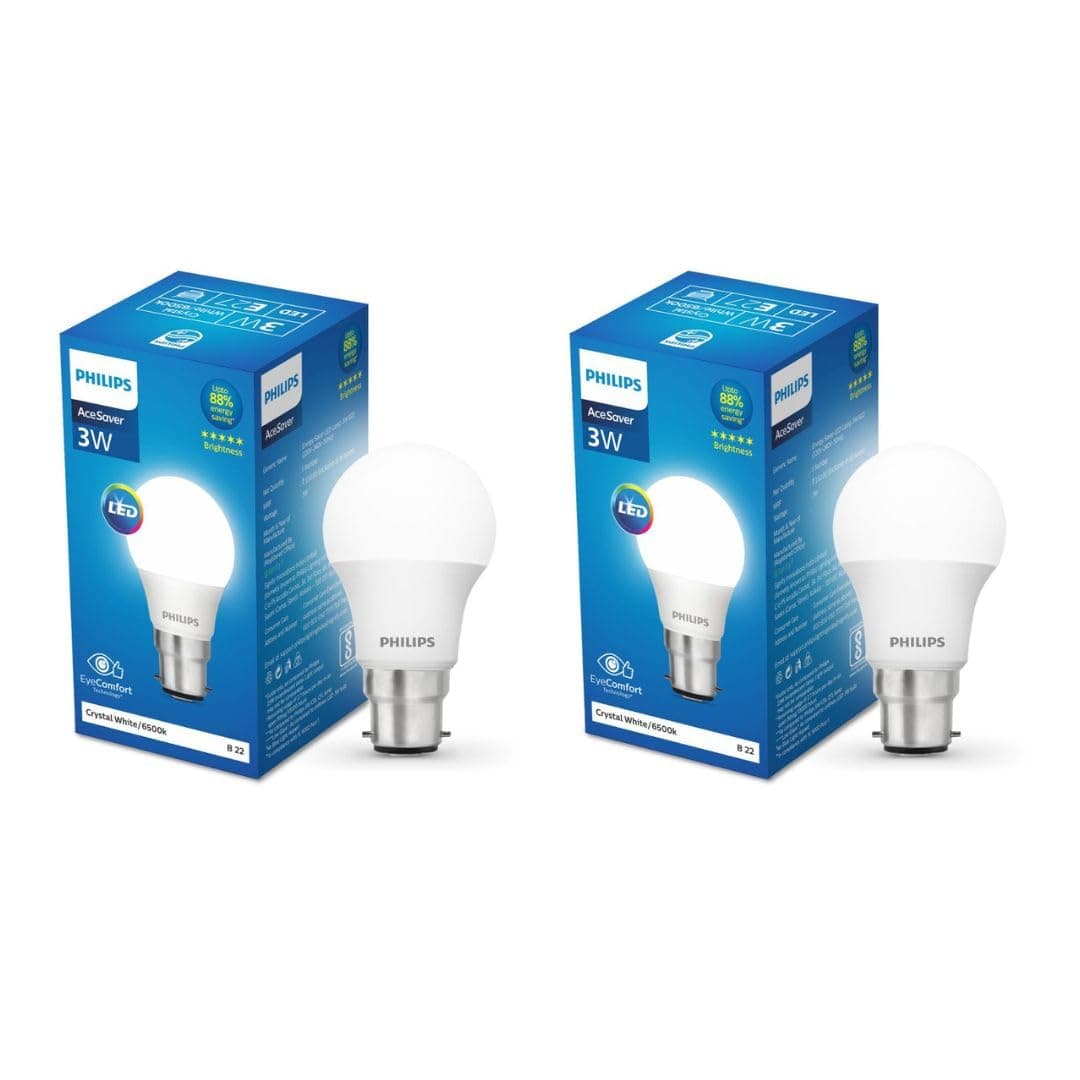 Philips 3-watt LED Bulb | AceSaver LED Bulb | Base: B22 Light Bulb for Home | Crystal White, Pack of 2