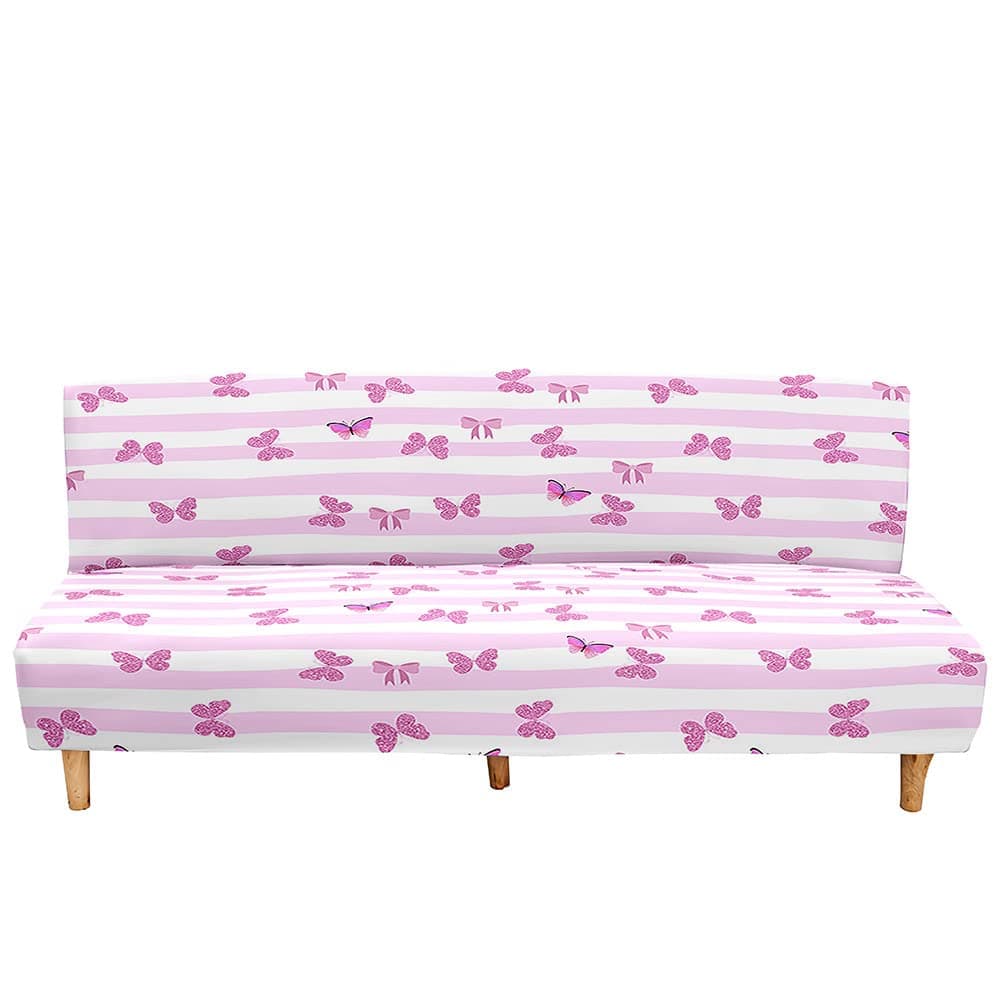 Mateju Armless Sofa Bed Cover, Butterfly Pattern Folding Sofa Bed without Armrests, Non Slip Stretch Futon Slipcover Protector for 2-3 Seater, Washable Couch Bed Slipcovers (pink,160-190cm)