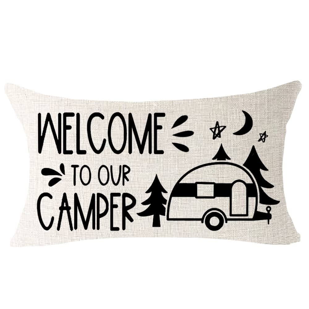 ITFRO Nice Gift Summer Welcome to Our Camper Forest Pine Tree Car Cotton Burlap Decorative Lumbar Throw Pillow Cover Cushion Case for Farmhouse Couch Waist 12x12 Inches (Black and Cream)