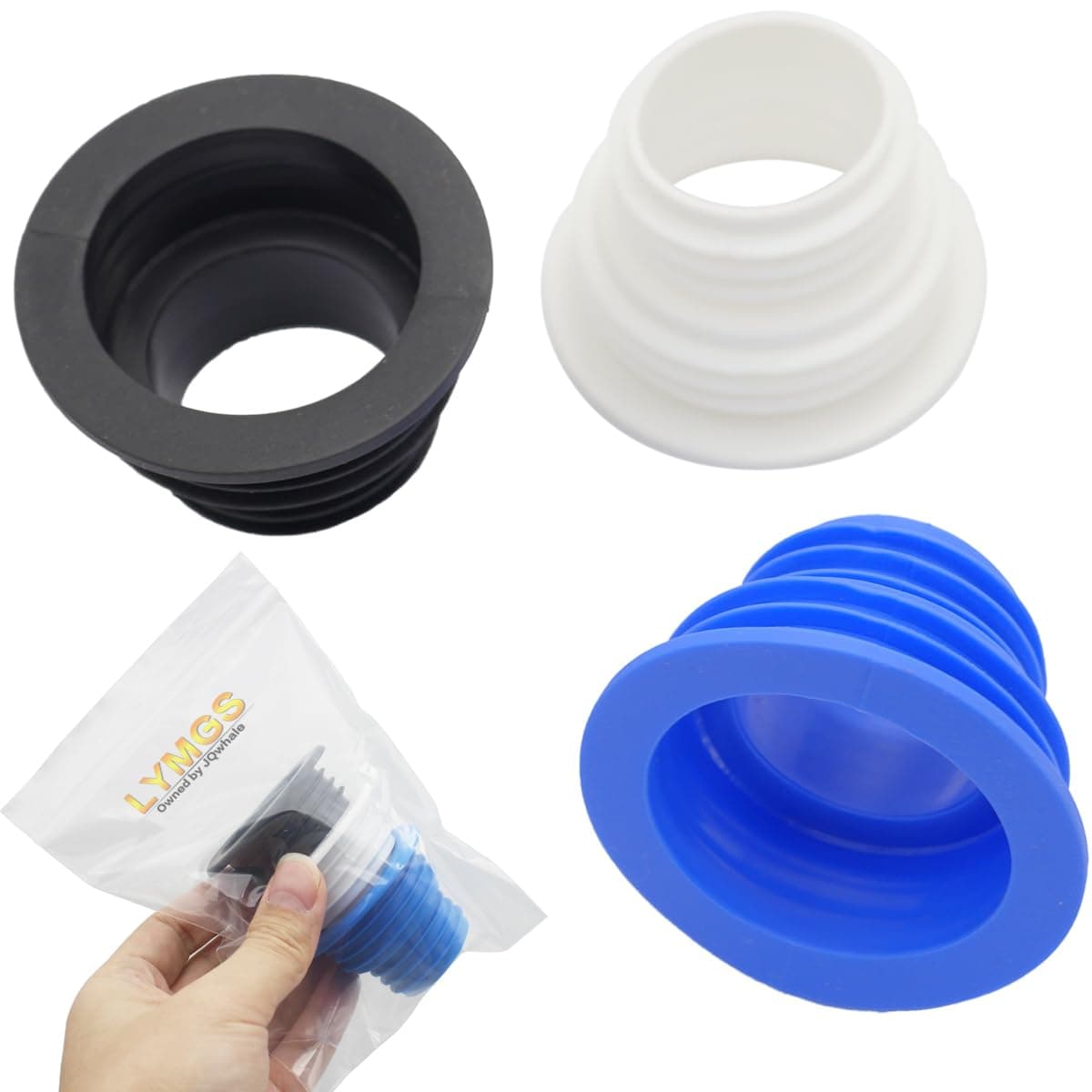 Universal Fit Drain Pipe Hose Silicone Plug, Washing Machine Drain Hose Sealing Plug Kitchen Pipe Sewer Seal Ring Laundry Room Bathroom Bathtub, Black White Blue 3 Pack