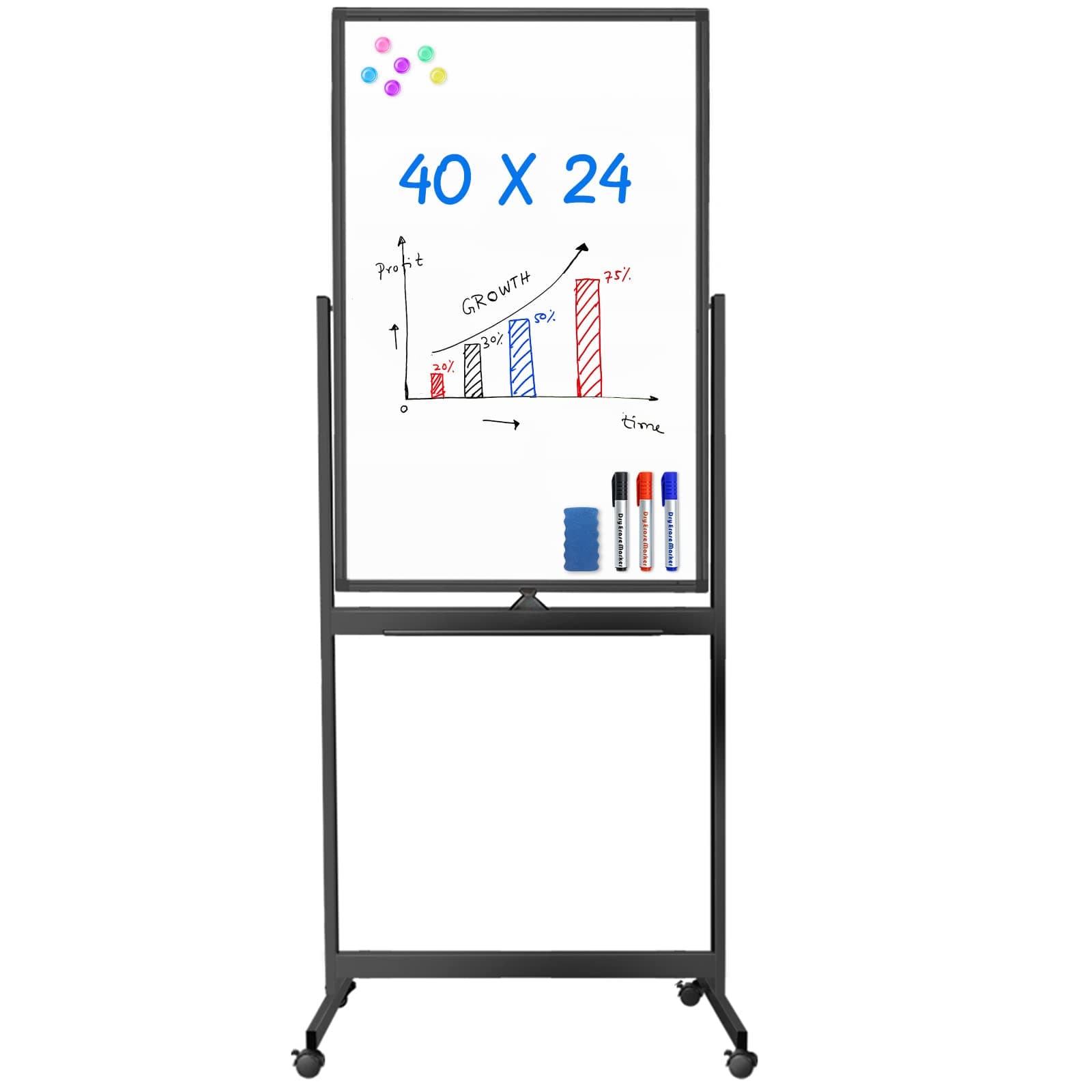 maxtek Magnetic Mobile White Board, 40 x 24 Double Sided Dry Erase Board Rolling Whiteboard, Aluminum Frame Standing Whiteboard on Wheels for Home Office Classroom (40 x 24 Black)