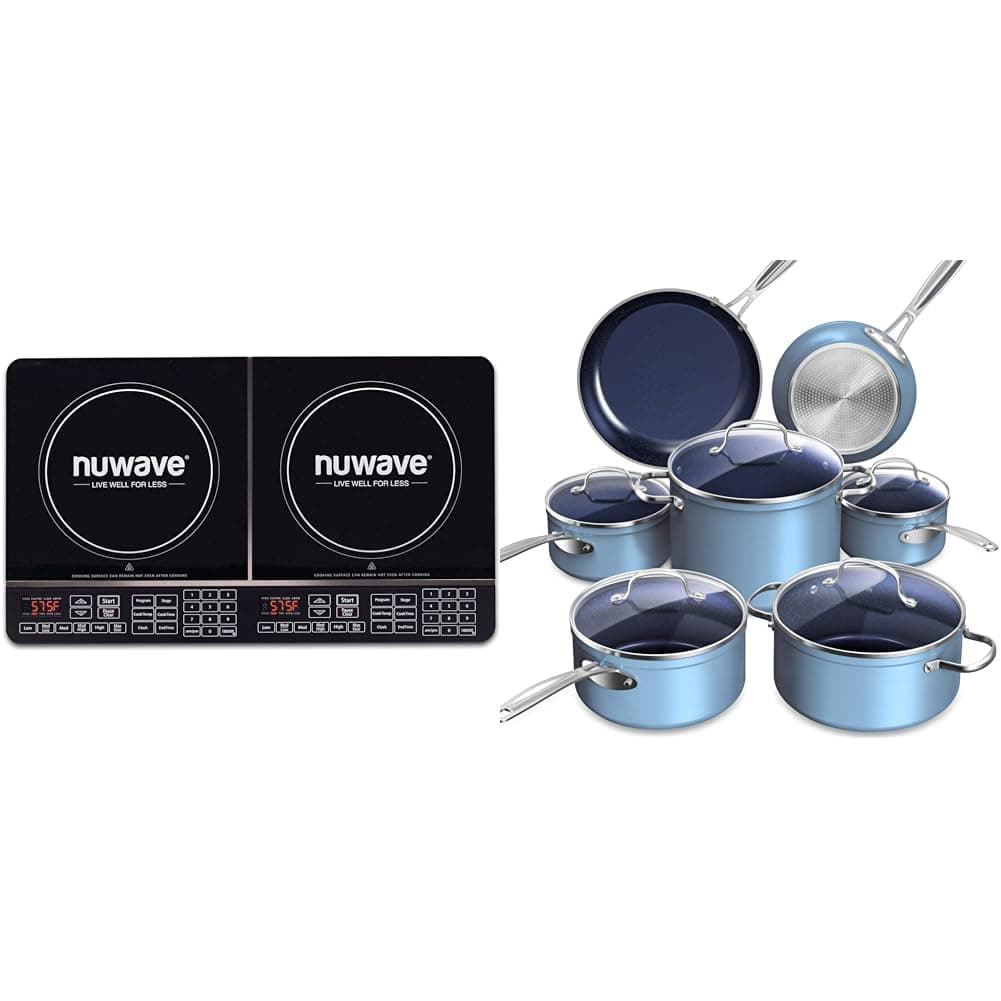 Nuwave Double Induction Cooktop, Powerful 1800W, 2 Large 8” Heating Coils & Healthy Duralon Blue Ceramic Nonstick Cookware Set, Diamond Infused Scratch-Resistant