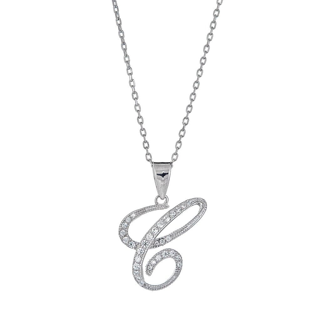 Platinum Plated 925 Sterling Silver Round CZ Fancy Satin Script Monogram Font Alphabet Initial Pendant Necklace