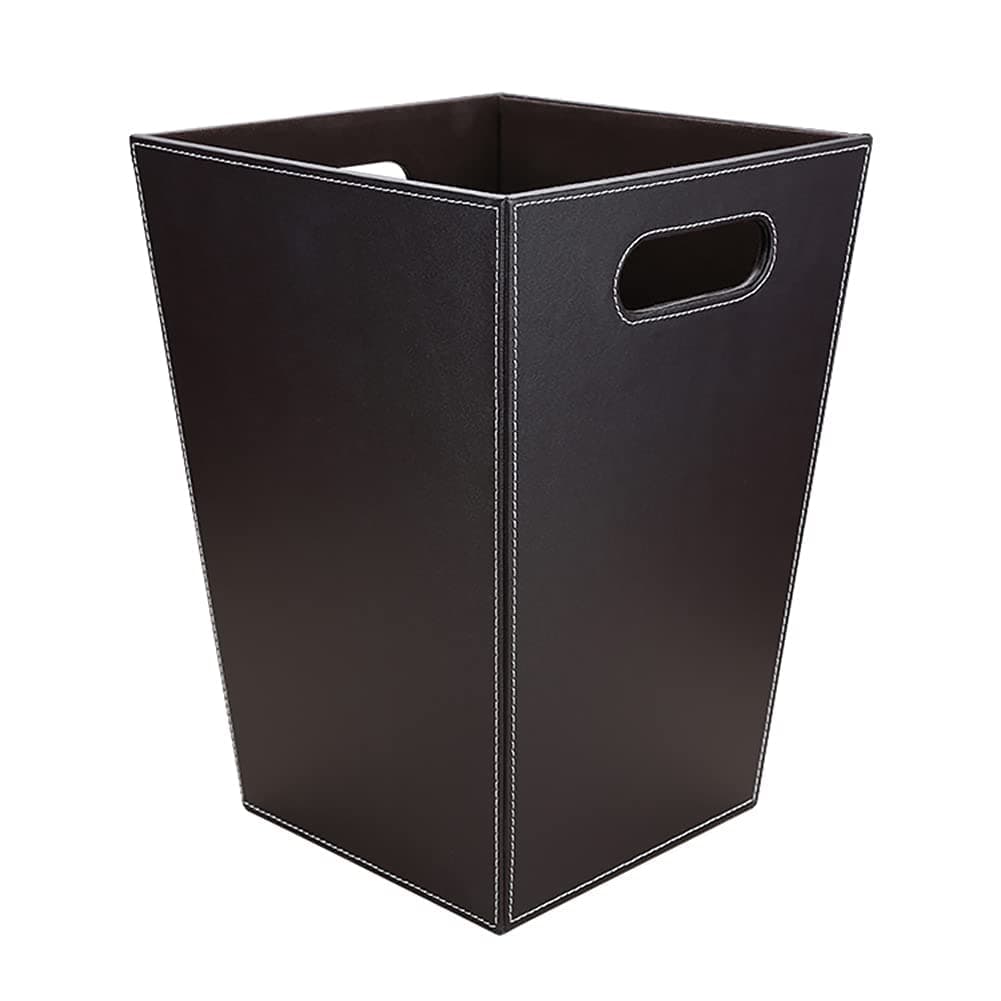 KINGFOM Classic Pu Leather Trash Can Wastebasket, Garbage Container Bin with Handles for Bathrooms, Powder Rooms, Kitchens, Home, Office and and High Class Hotel Square Brown