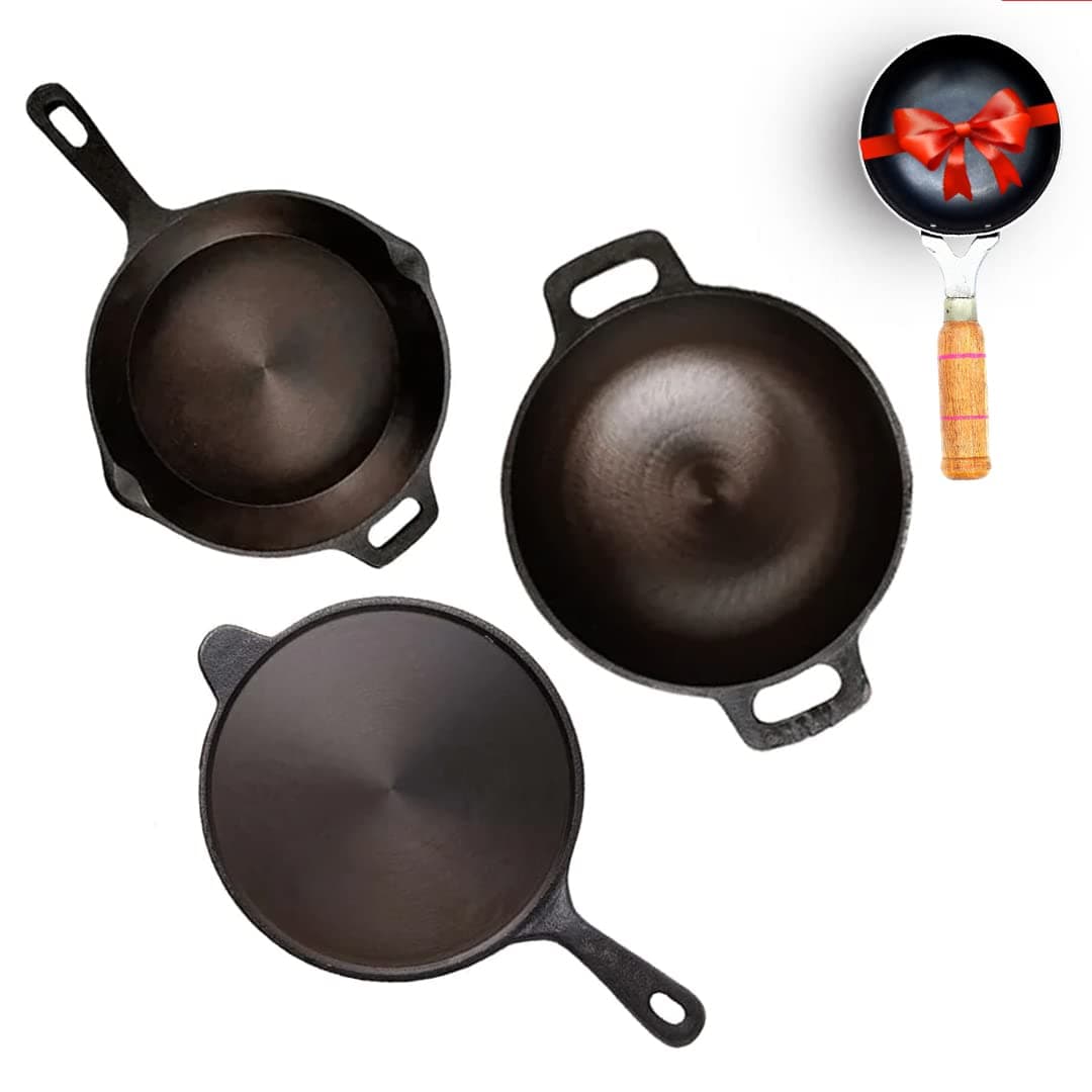 Super Smooth Cast Iron Cookware Set+ Free Iron Tadka Pan|Tawa(26.3Cm)+Kadai(25.4Cm/2L)+Fry Pan(25.4Cm/1.7L)|Kitchen Cooking Combo Pots And Pans Set Of 4Pcs|Naturally Nonstick,Black