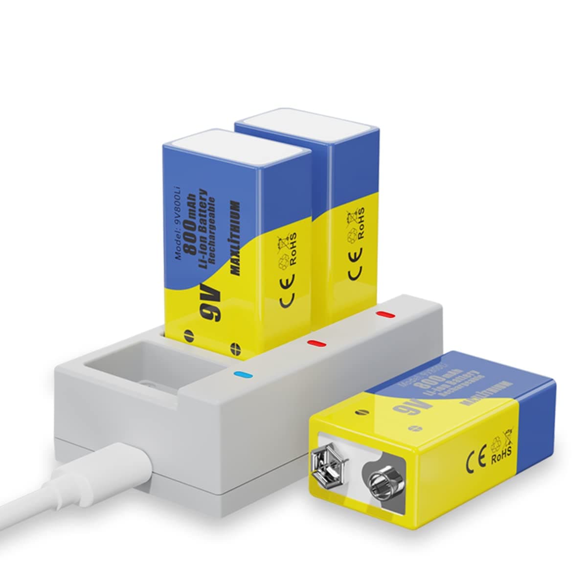 9v Rechargeable Batteries, Lithium-ion 9 Volt Battery Capacity 800mAh 7200mWh,3 Pack with Quick Charger