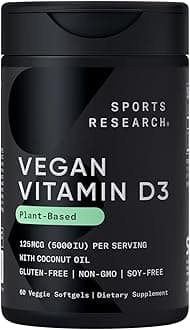 Vegan Vitamin D3 5000IU (125 mcg) with Coconut Oil | 100% Plant-Based Vitamin D for Bone, Joint & Immune Support | Carrageenan Free, Vegan Certified & Non-GMO Verified (60 Softgels)