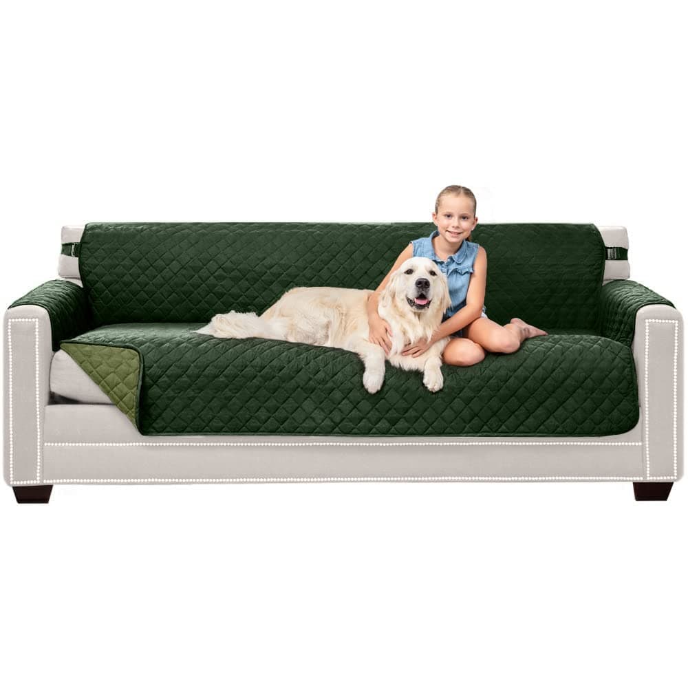 Sofa Shield Original Patent Pending Reversible Oversize Sofa Slipcover, 2 Inch Strap Hook, Seat Width Up to 78 Inch Washable Furniture Protector, Couch Slip Cover, Oversize Sofa, Hunter Green Sage