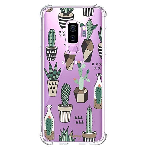 KIOMY Clear Case for Samsung Galaxy S9 Plus /S9+, Shockproof Bumper Protective Cell Phone Back Cover with Airbag Corners, 【Hybrid Design】 Hard PC Back with Flexible TPU Frame, Cute Succulent Cactus
