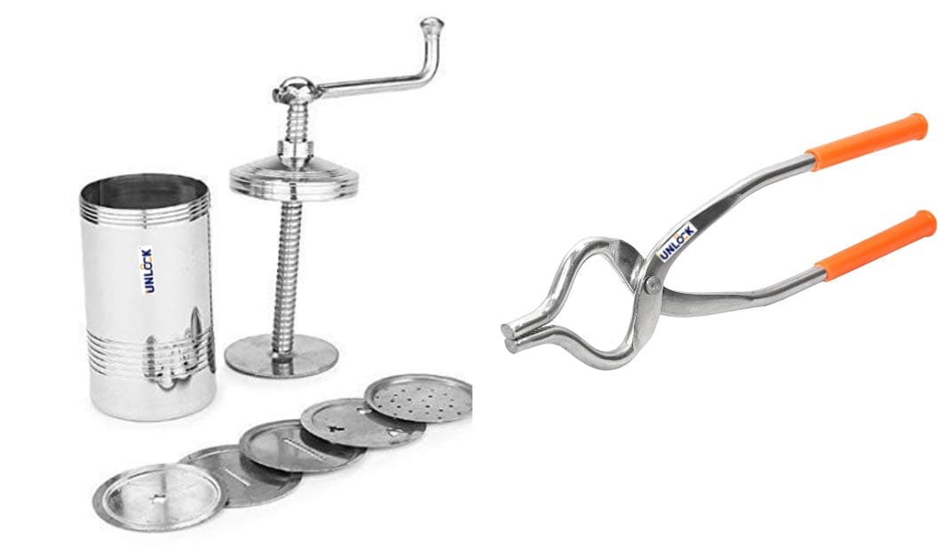 UNLOCK™ Chakli Maker/Idiyappam Press/Murukku Machine/Sev Machine with 6 Jali & Premium Quality Unbreakable Stainless Steel Goti Sandsi | Sansi | Pakkad | Pincer | Chimta | Tongs for Kitchen