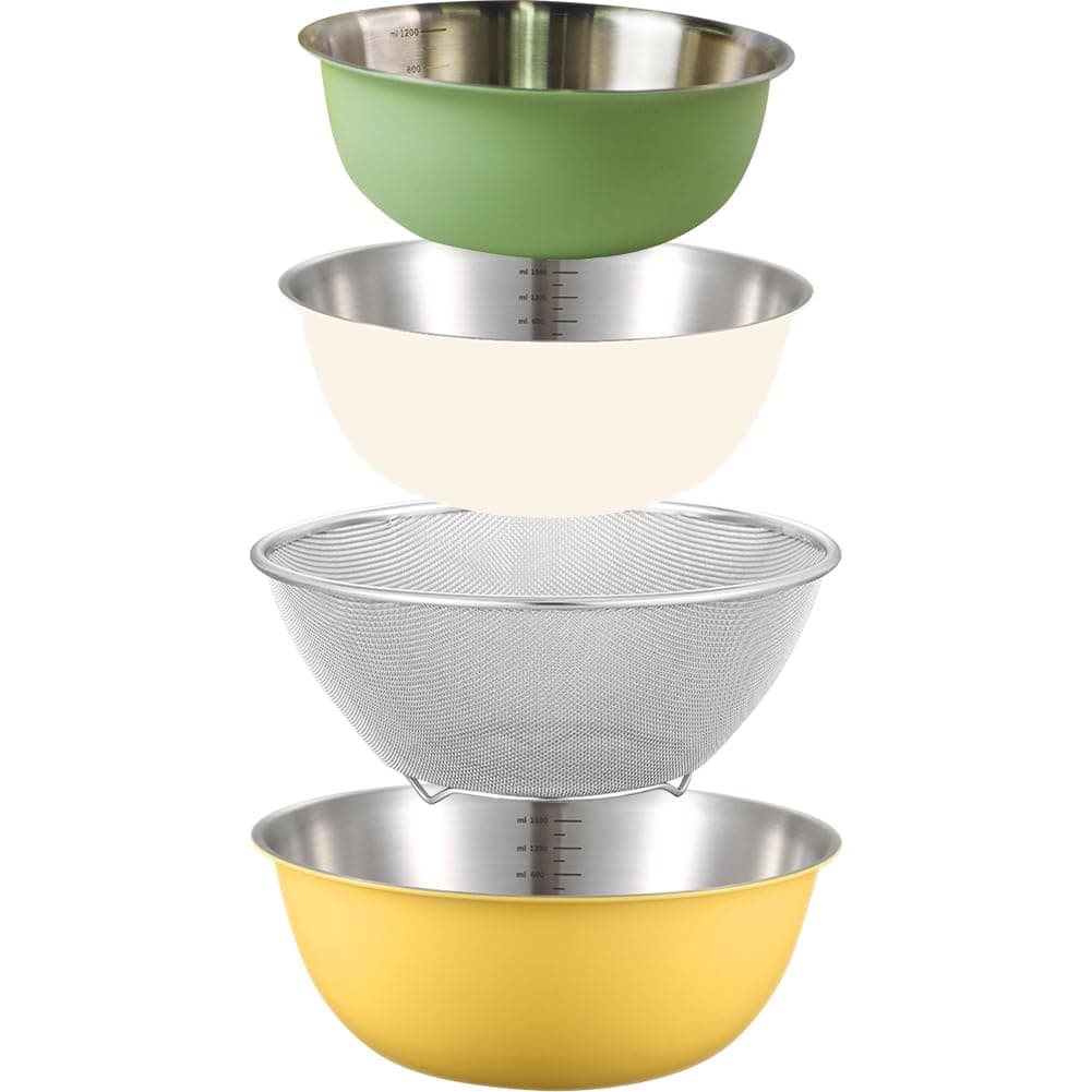 A.B Crew Stackable Stainless Steel Mixing Bowls and Colander Set Nesting Colander Bowl Set Baking Mixing Bowls Set Cooking Prep Bowl Set Draining Colander Bowl for Kitchen Decor