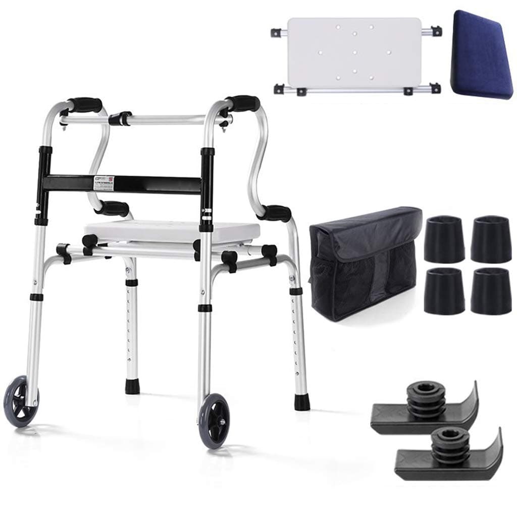 HMHD Folding Rollator Walker with Seat Solid Wheels-Height Adjustable-Standard Walker Medical Rolling Mobility Aluminum Alloy Walking Aid/Frame for Senior/Elderly/Disabled-Cane Stick