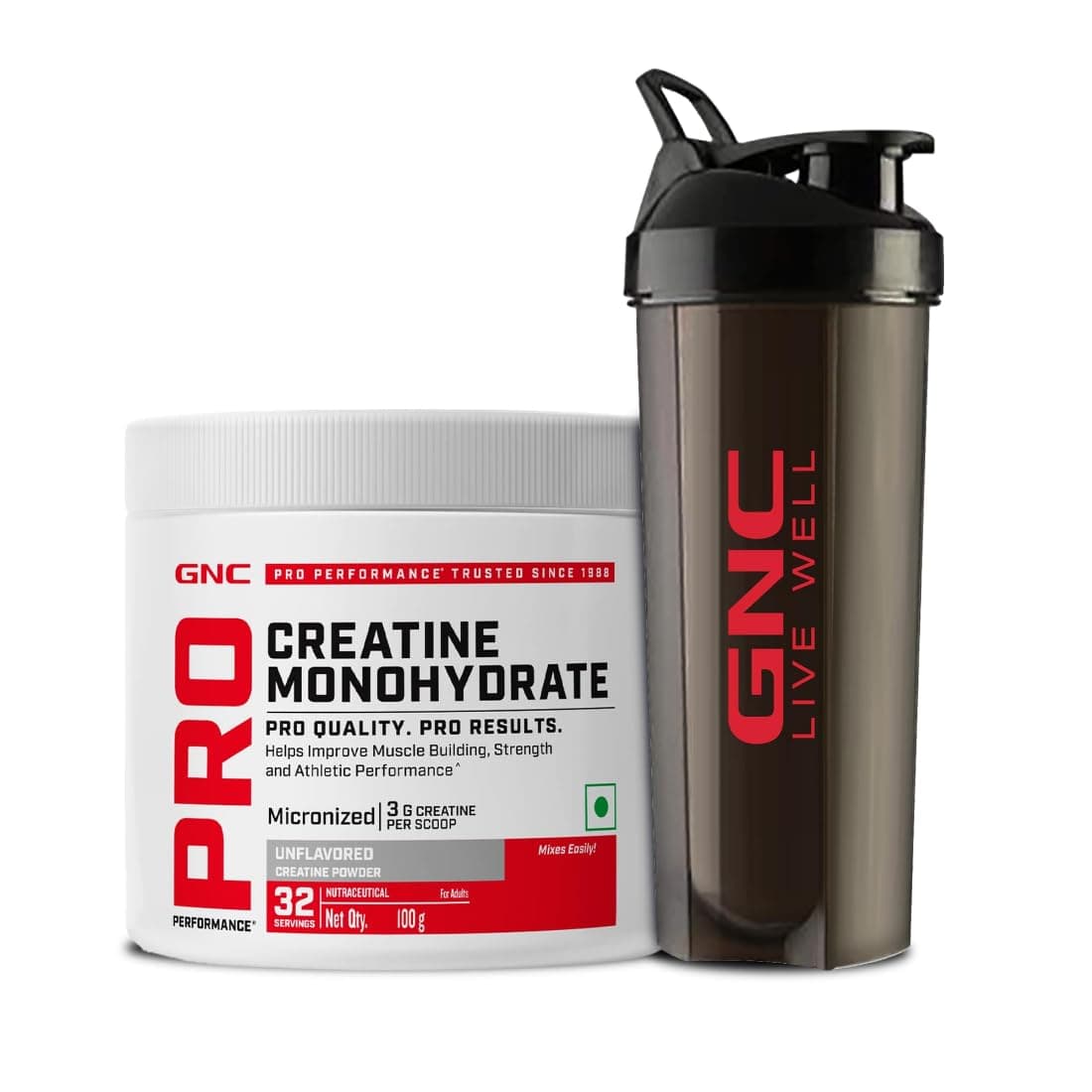 GNC Pro Performance Creatine Monohydrate with Black shaker - 3000mg Creatine Per Scoop | Micronized for Faster Absorption | Boosts Energy, Muscle Volume & Performance | Gluten-Free | Unflavored | 100gm