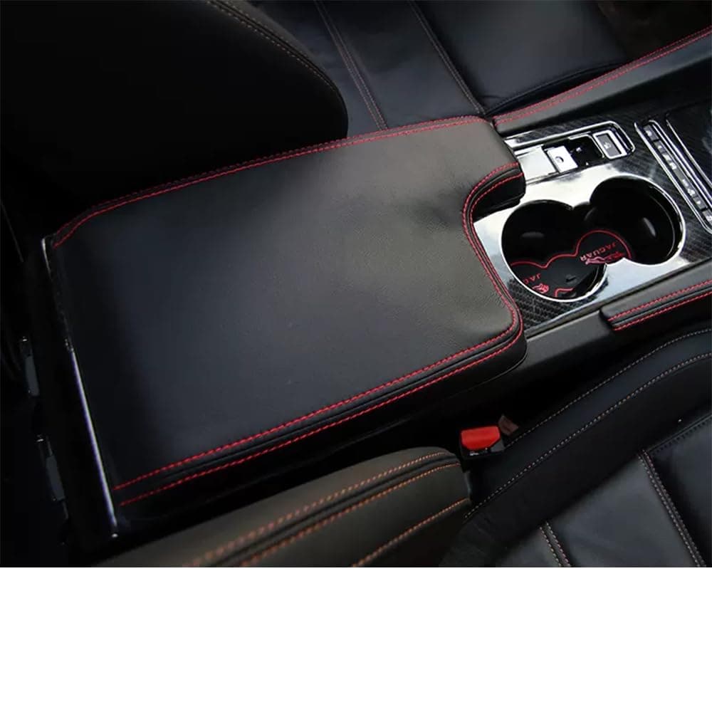 Custom Interior Accessories for F-PACE FPACE/XF 2017 2018 2019 2020 PU Leather Center Console Armrest Box Cover Armrest Cushion Central Armrest Protector Pad(Black with red Stitching)