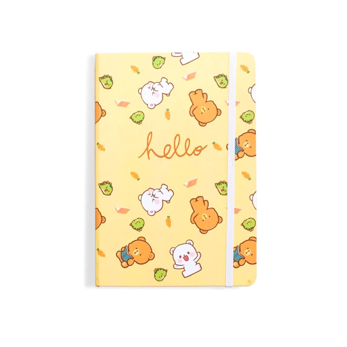 Milkmochabear Hello Notebook - Lined Hardcover Journal Notebook, 100 Pages, 5.75 inches x 8.25 inches, Ribbon Bookmark, Elastic Closure Band, For Daily Writing, School, Home and Office