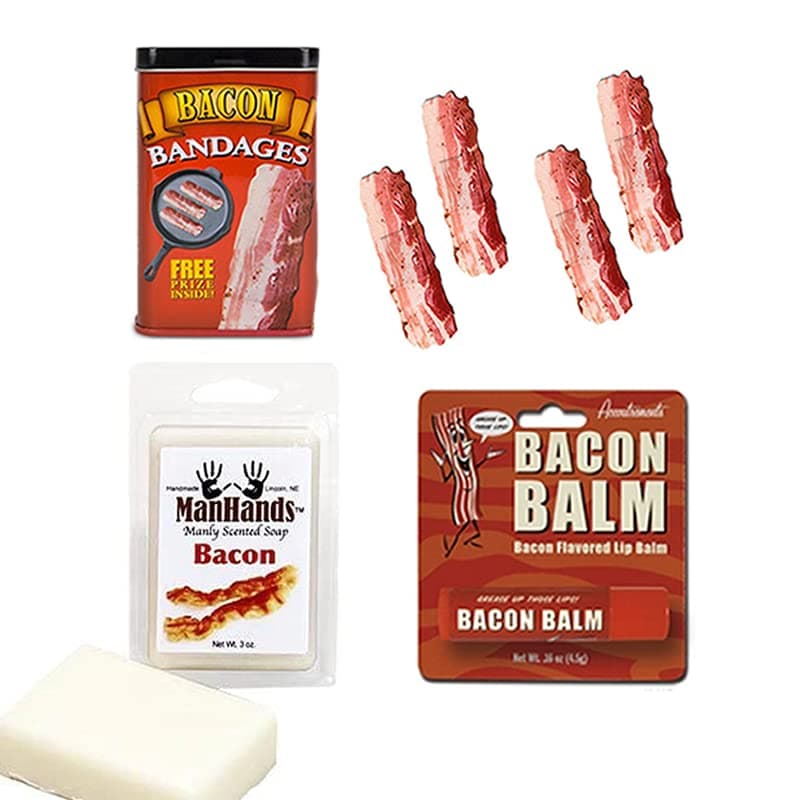Bacon Bath & Grooming Kit Gift Pack (3pc Set + Wristband) - Bacon Bandages, Breath Mints & Lip Balm + Silicone Wristband