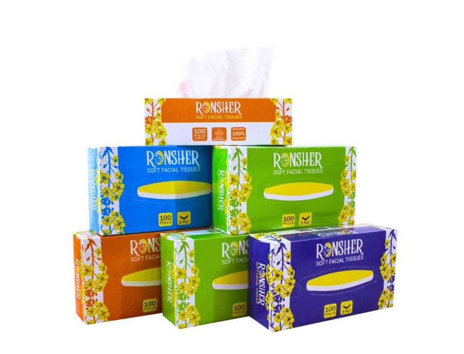 Ronsher | 2 Ply Facial Tissue Paper Box | 100 Pulls | Pack Of 6 | OBA-Free | Virgin Paper | Food Safe | Skin-Friendly | Suitable For Bedroom, Bathroom, Office, Cars