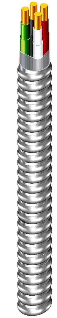 100' MC 10/3 Type 10 AWG 3 Conductors Stranded Metal CLAD Cable with Aluminum Armour and Green Insulated Ground Wire Copper