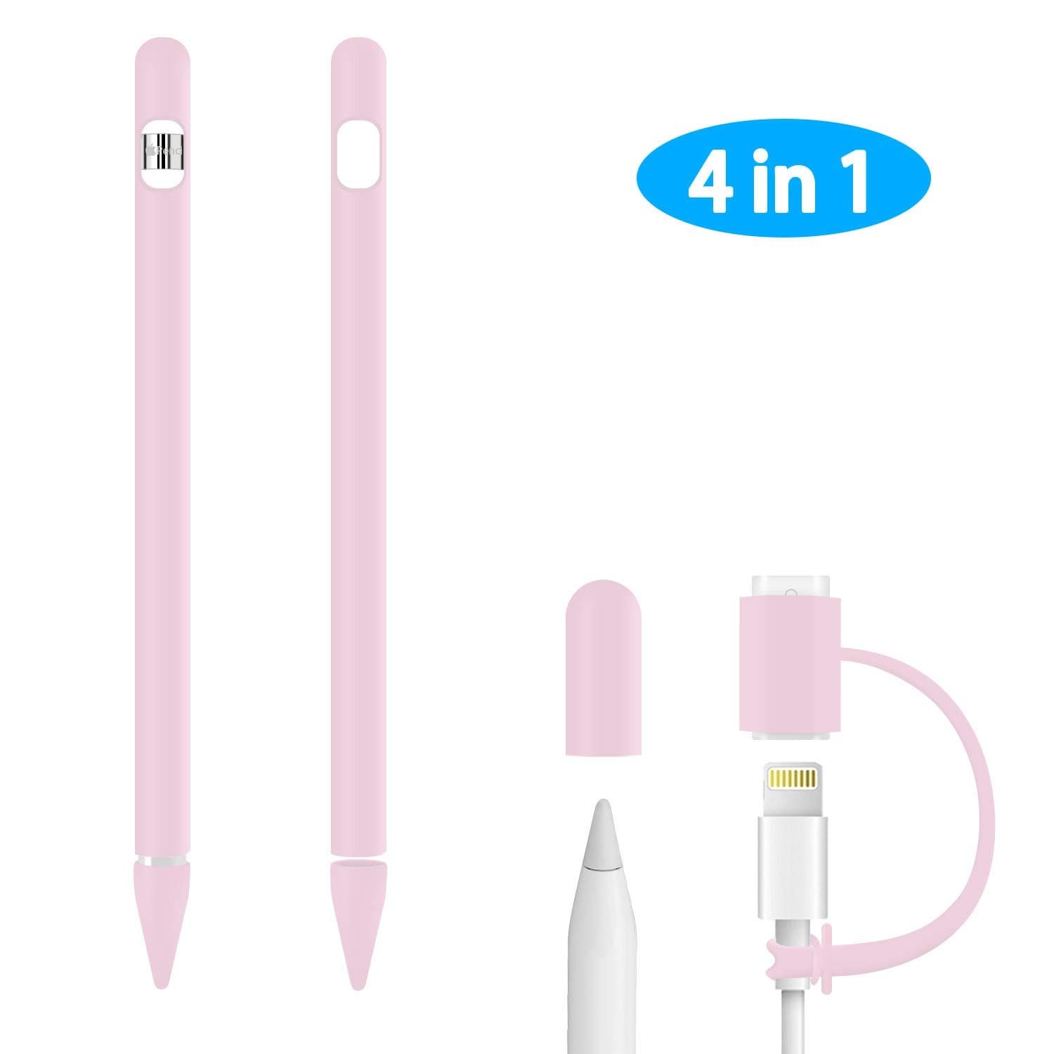 Cuauco [4-Piece] Compatible with Apple Pencil Case Holder/2 Protective Nib Covers/Charging Cable Adapter Tether Silicone Cover for iPad Pro 9.7”10.5” 12.9”Pencil and iPad 2018(6th Gen) Pencil (Pink)