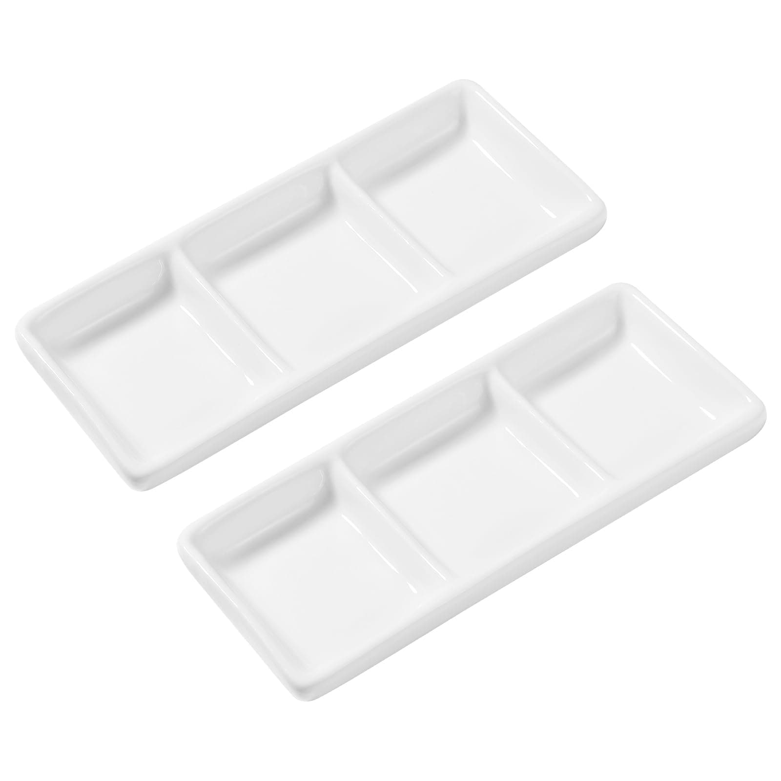 BESTonZON 2Pcs 3 Compartment Appetizer Serving Trays Snack Dishes, Ceramic Dip Bowl Set,White Rectangular Divided Sauce Dishes, Ceramic Serving Platter for Home Restaurant Kitchen,