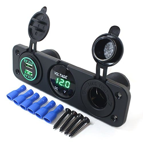 AOTOMIO Triple Function LED Car Digital Voltmeter & Dual USB Car Charger 5V up to 4.2A & 12V Outlet Power Socket Green LED Three Holes Panel Waterproof Cap (Applicable on car, Motorbike & Boat)