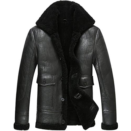 Leather Jacket Men Shearling Coat Pilot Outerwear B3 Men Casual Lapel Parka (S, Black)