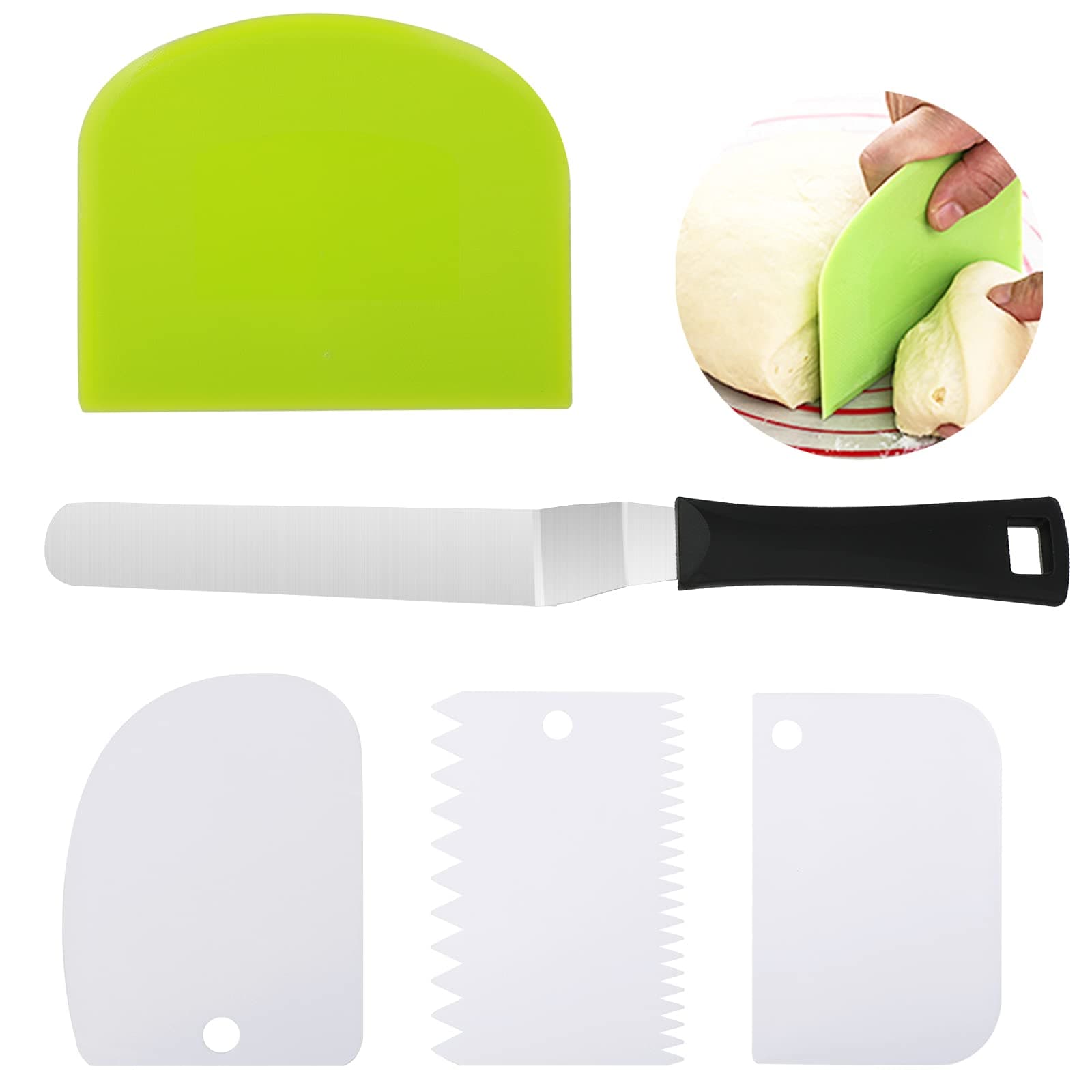 Cake Scraper,5Pcs Dough Scraper Set with Stainless Steel Cake Cream Spatula,Cream Edge Smoothing Combing Tool for Cake Decorating Baking