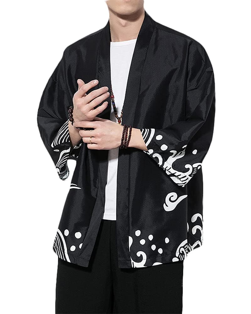 Men's Kimono Cardigan Jacket Japanese Style Flying Crane Seven Sleeves Open Front Coat