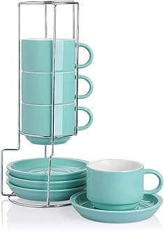 Porcelain Cappuccino Cups with Saucers and Metal Stand, 8 Ounce Stackable Espresso Cups for Specialty Coffee Drinks, Latte, Americano, Tea - Set of 4 (Turquoise)