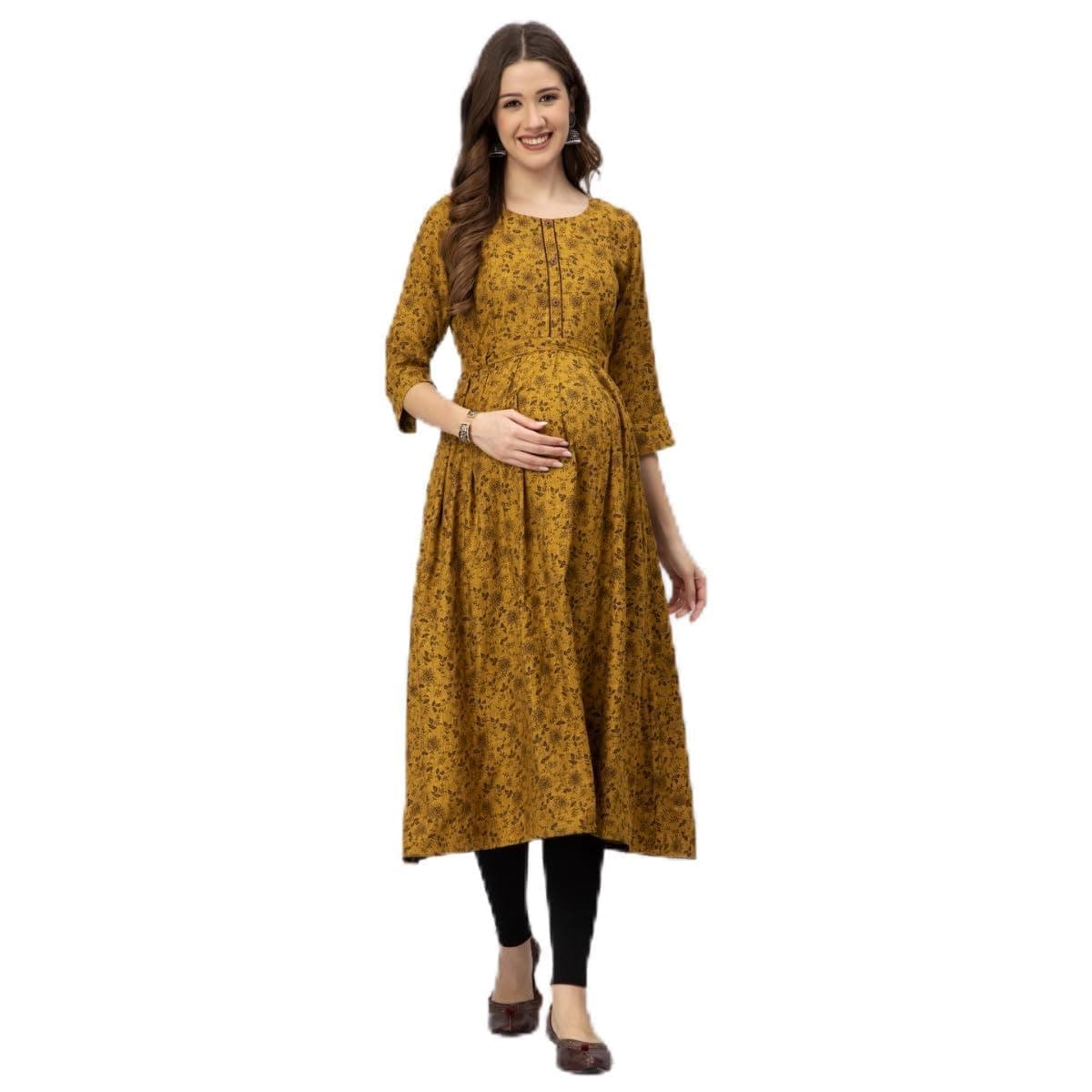 CEE 18 Cotton Rayon A-Line Flared Maternity Feeding Kurti for Women with Zippers | Maxi Gown Dress for Women | Breastfeeding Dress for Mothers | Feeding Kurti for Women | Maternity Wear for Women